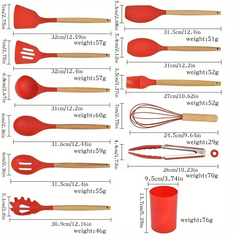 Multi-color Silicone Wooden Handle spoon Set
