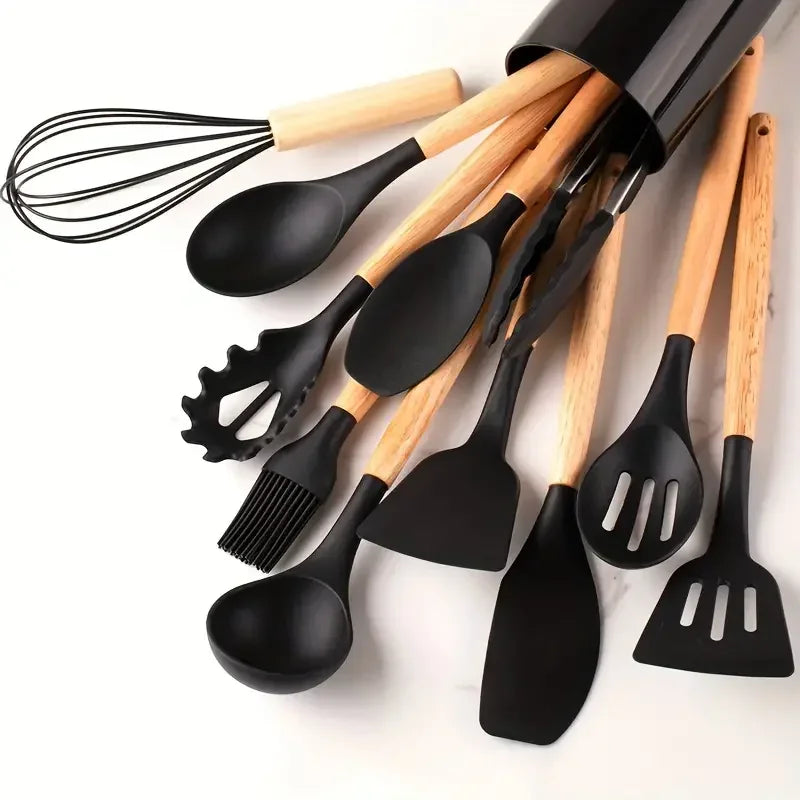 Multi-color Silicone Wooden Handle spoon Set