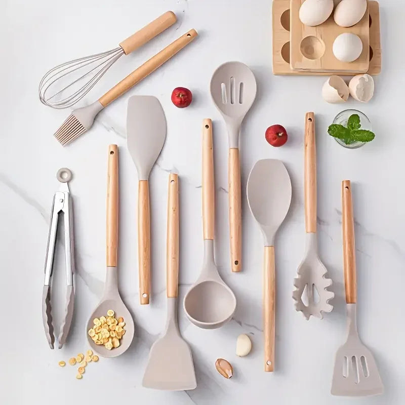 Multi-color Silicone Wooden Handle spoon Set