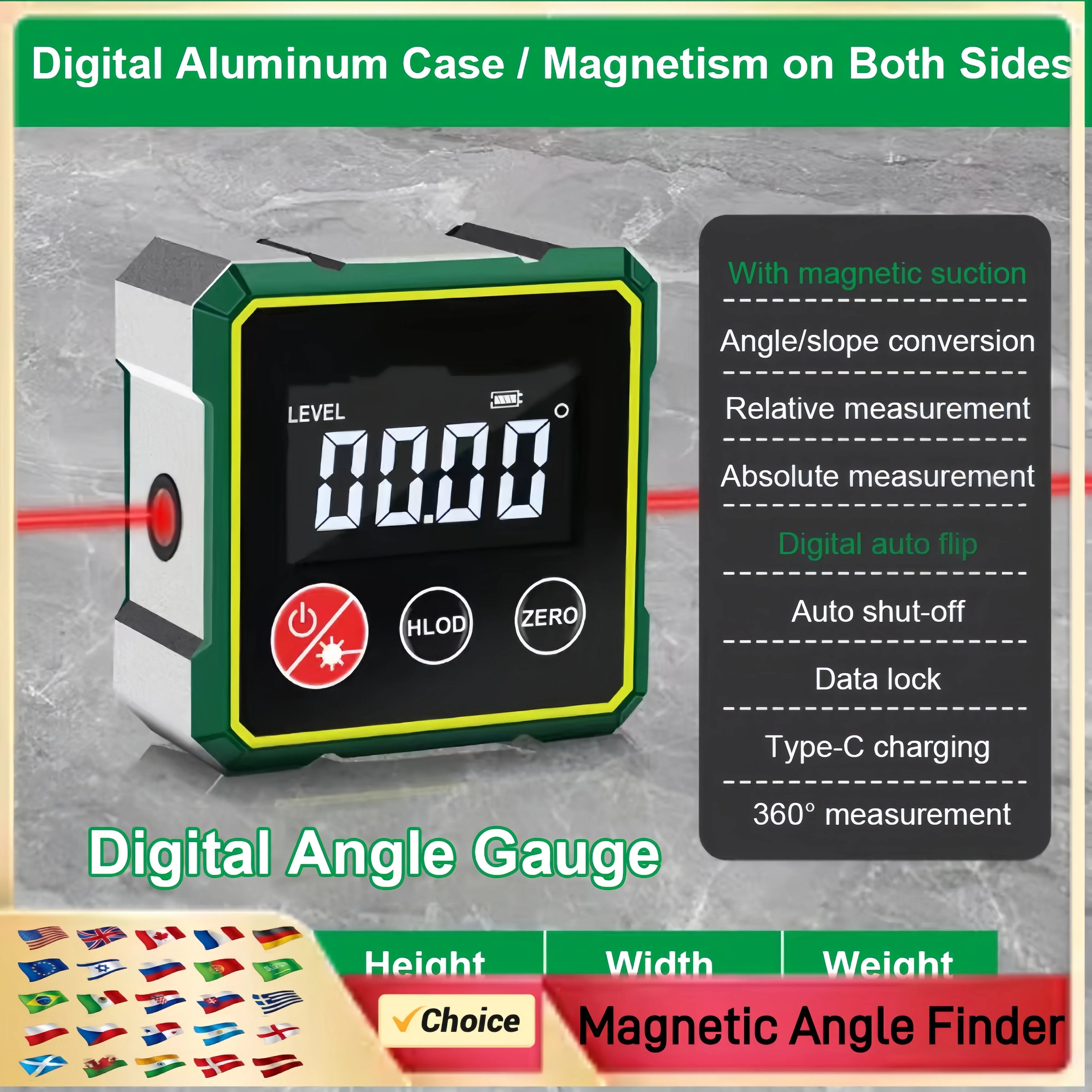 4-Side Magnetic Digital Angle Gauge with Laser