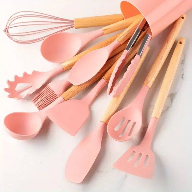 Multi-color Silicone Wooden Handle spoon Set