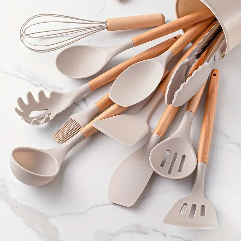 Multi-color Silicone Wooden Handle spoon Set