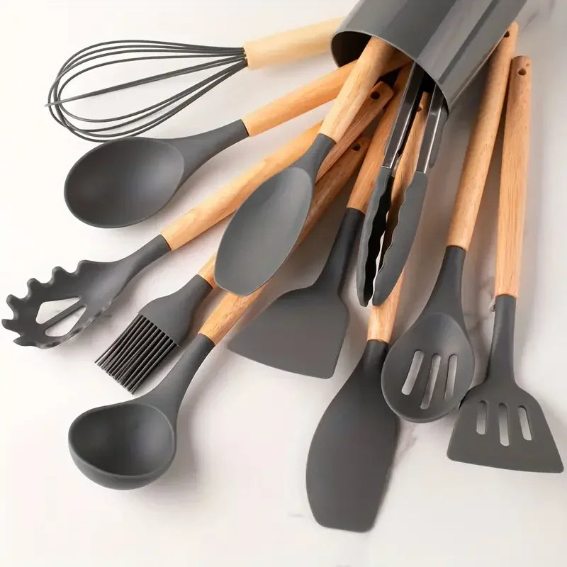 Multi-color Silicone Wooden Handle spoon Set